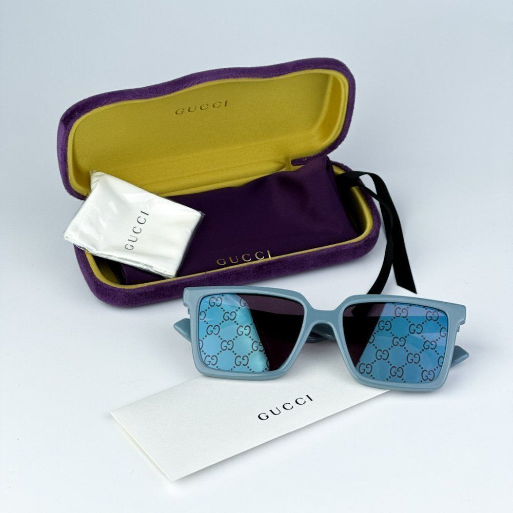 NEW Gucci GG1540S 003 Light Blue Violet Logo Mirrored Men Square 55mm Sunglasses
